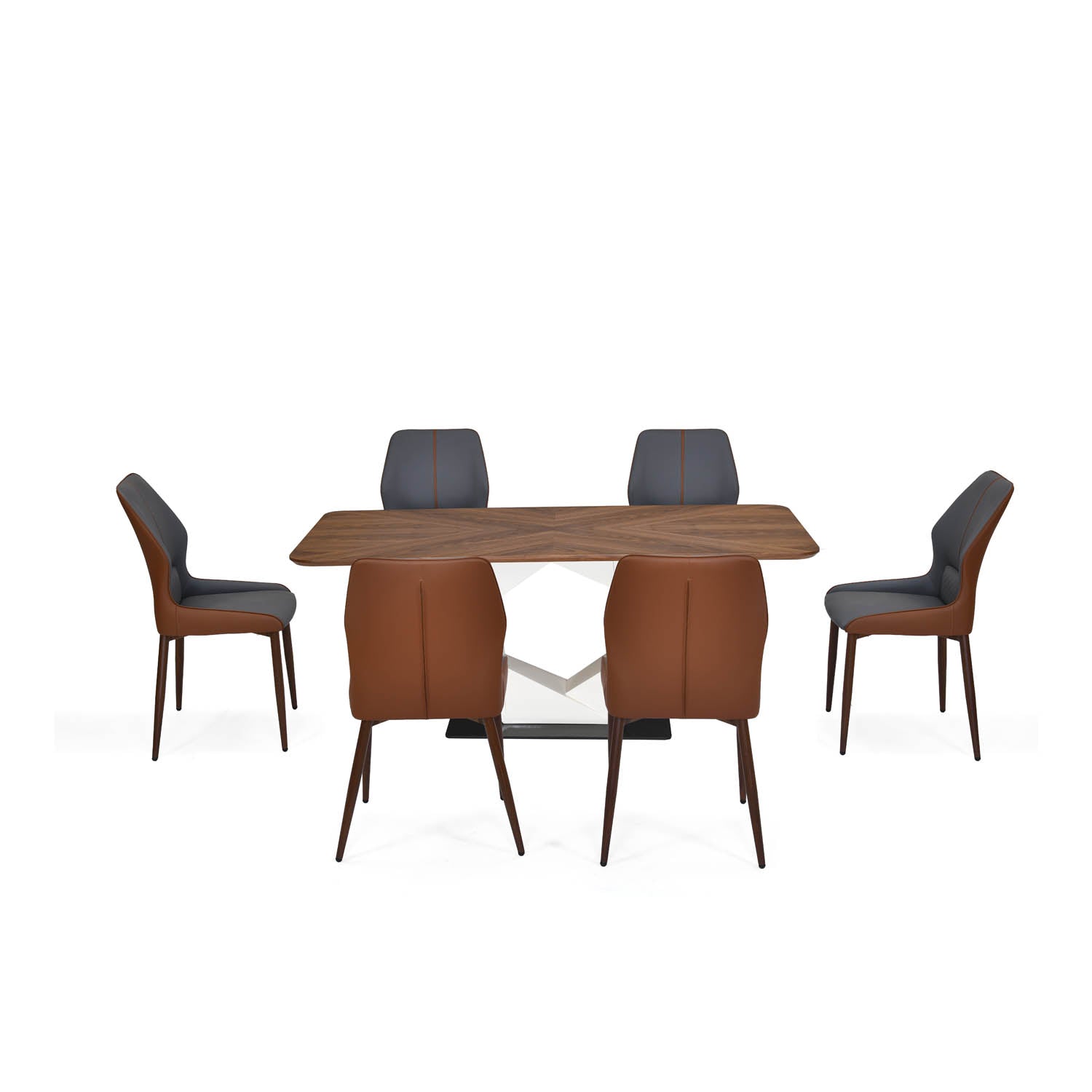 6 Seater Parquel Wooden Dining Set with Hexin Base and Ellipse Chairs- Walnut Brown