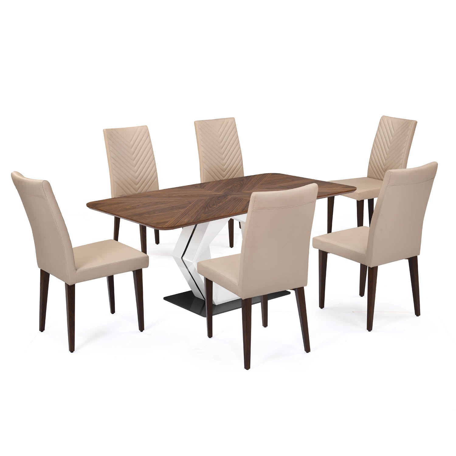 6 Seater Parquel Wooden Dining Set with Hexin Base and Linzy Chairs- Walnut Brown