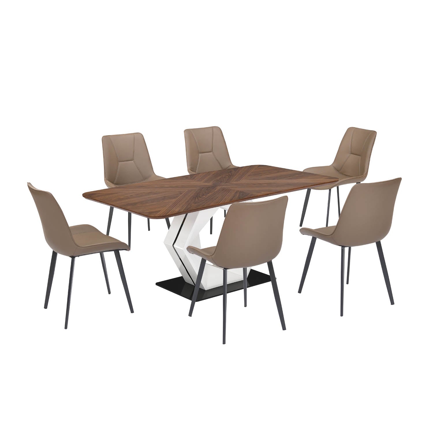 6 Seater Parquel Wooden Dining Set with Hexin Base and Nivo Chairs- Walnut Brown