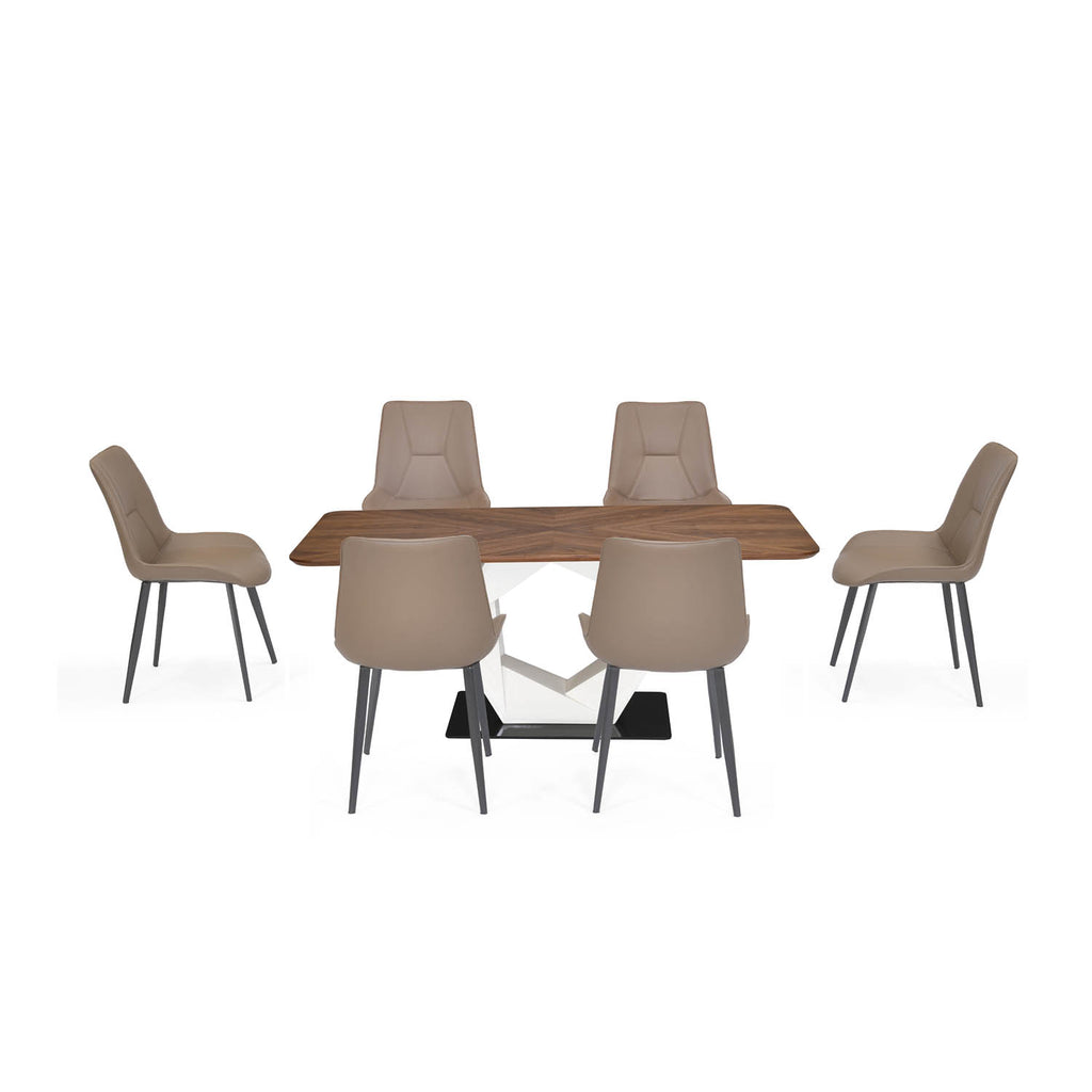 6 Seater Parquel Wooden Dining Set with Hexin Base and Nivo Chairs- Walnut Brown