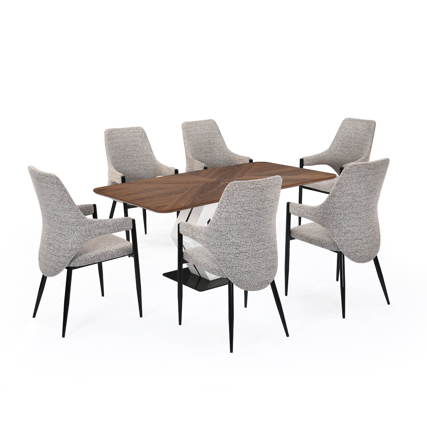6 Seater Parquel Wooden Dining Set with Hexin Base and Tierra Chairs- Walnut Brown