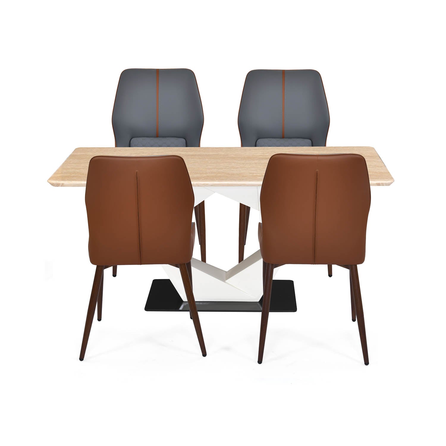 4 Seater Trava Marble Dining Set with Hexin Base and Ellipse Chairs- Travertine