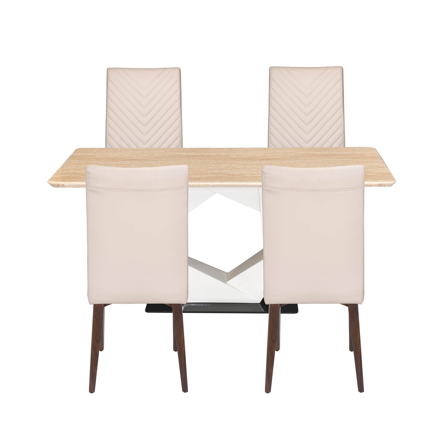 4 Seater Trava Marble Dining Set with Hexin Base and Linzy Chairs- Travertine