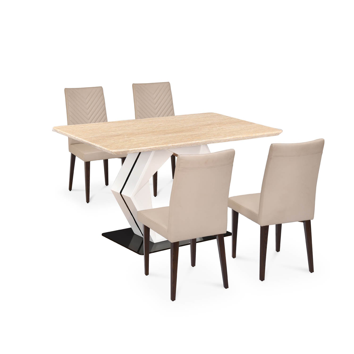 4 Seater Trava Marble Dining Set with Hexin Base and Linzy Chairs- Travertine