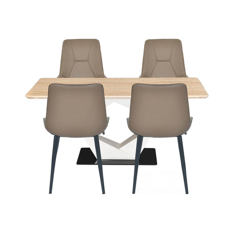 4 Seater Trava Marble Dining Set with Hexin Base and Nivo Chairs- Travertine