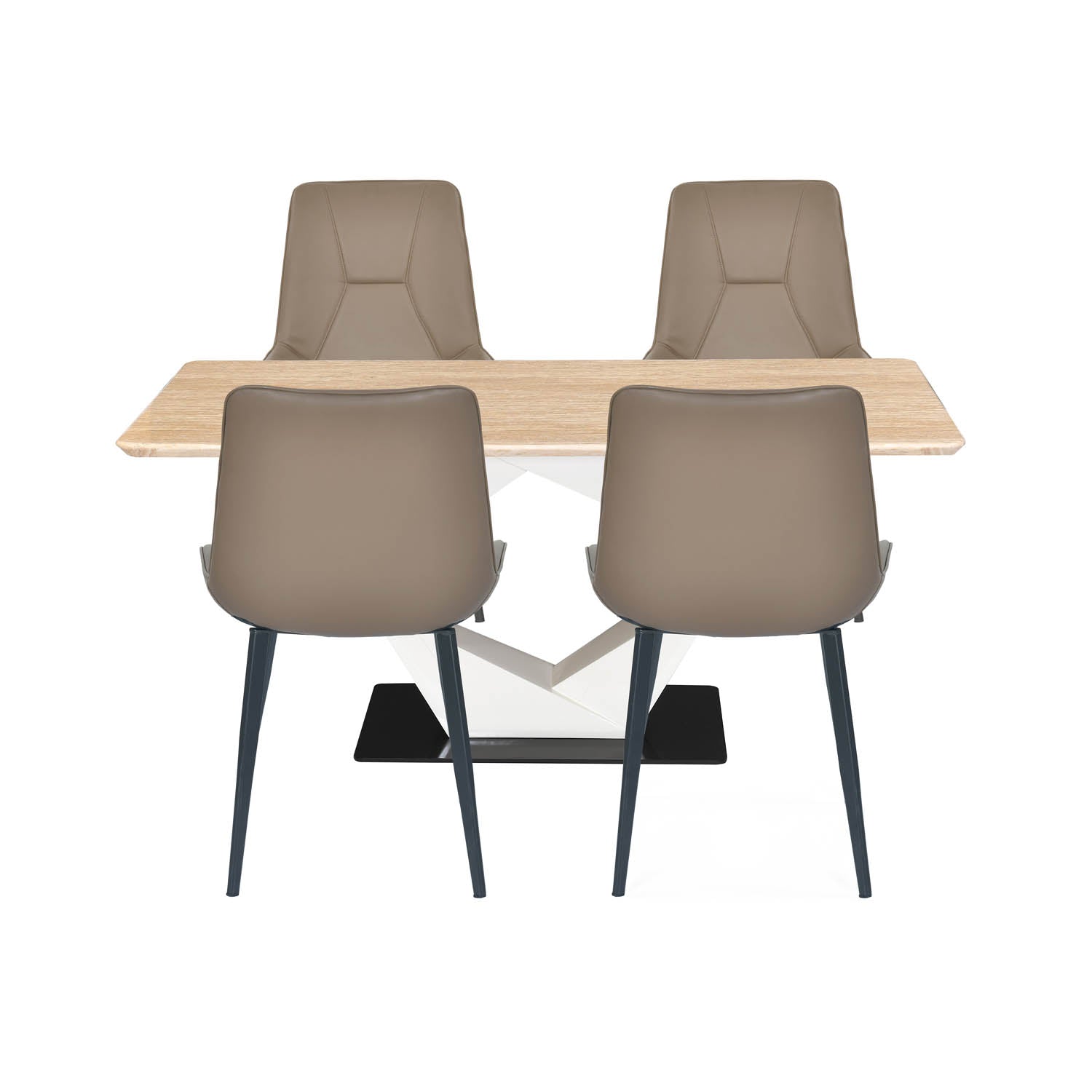 4 Seater Trava Marble Dining Set with Hexin Base and Nivo Chairs- Travertine