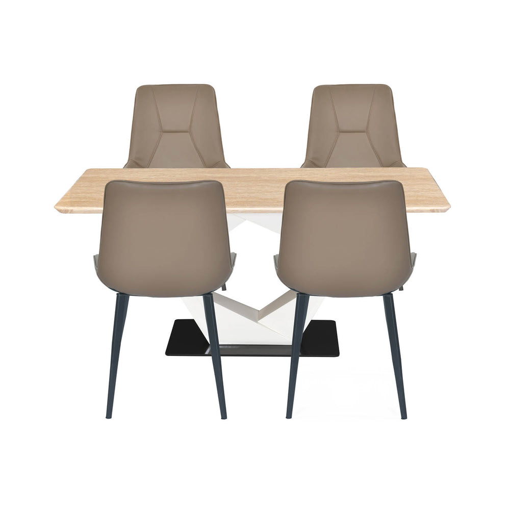 4 Seater Trava Marble Dining Set with Hexin Base and Nivo Chairs- Travertine