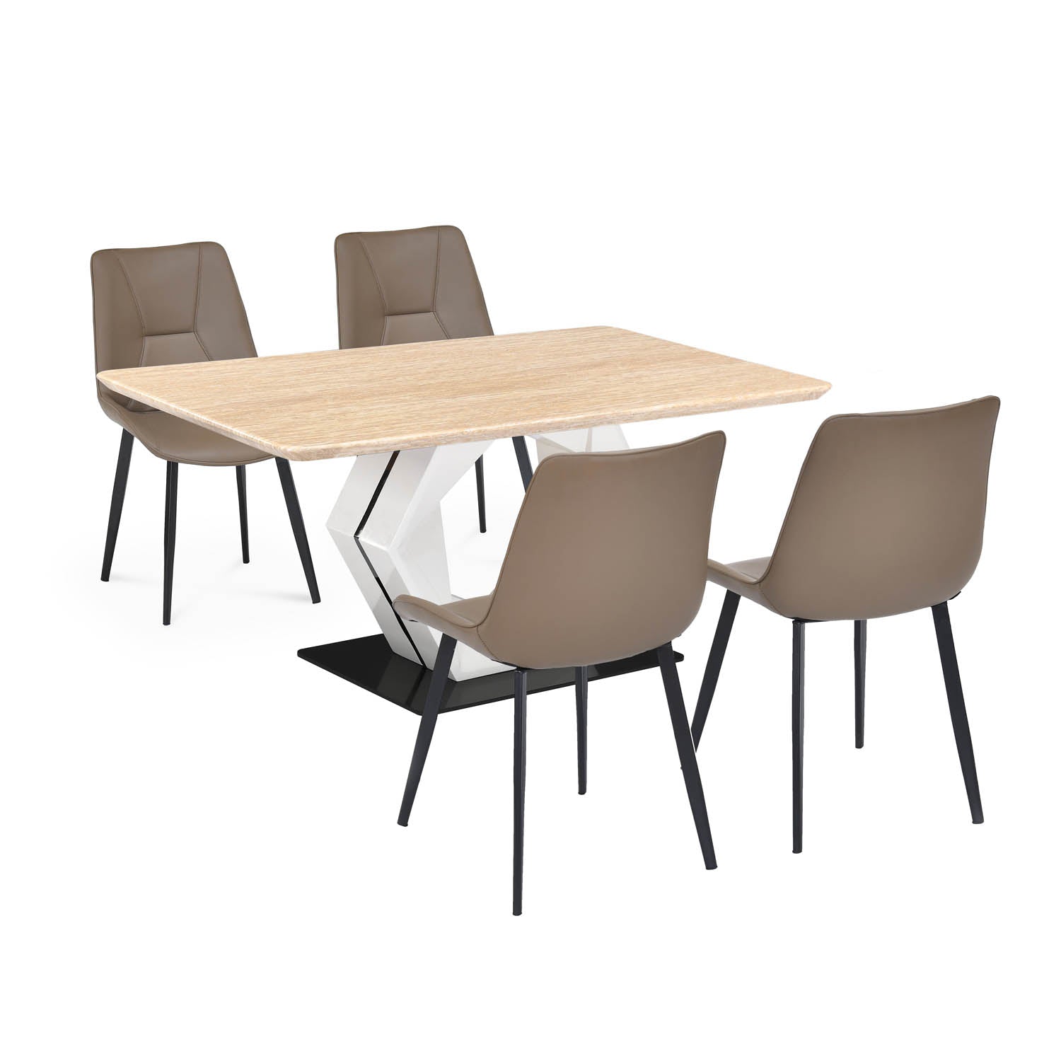 4 Seater Trava Marble Dining Set with Hexin Base and Nivo Chairs- Travertine