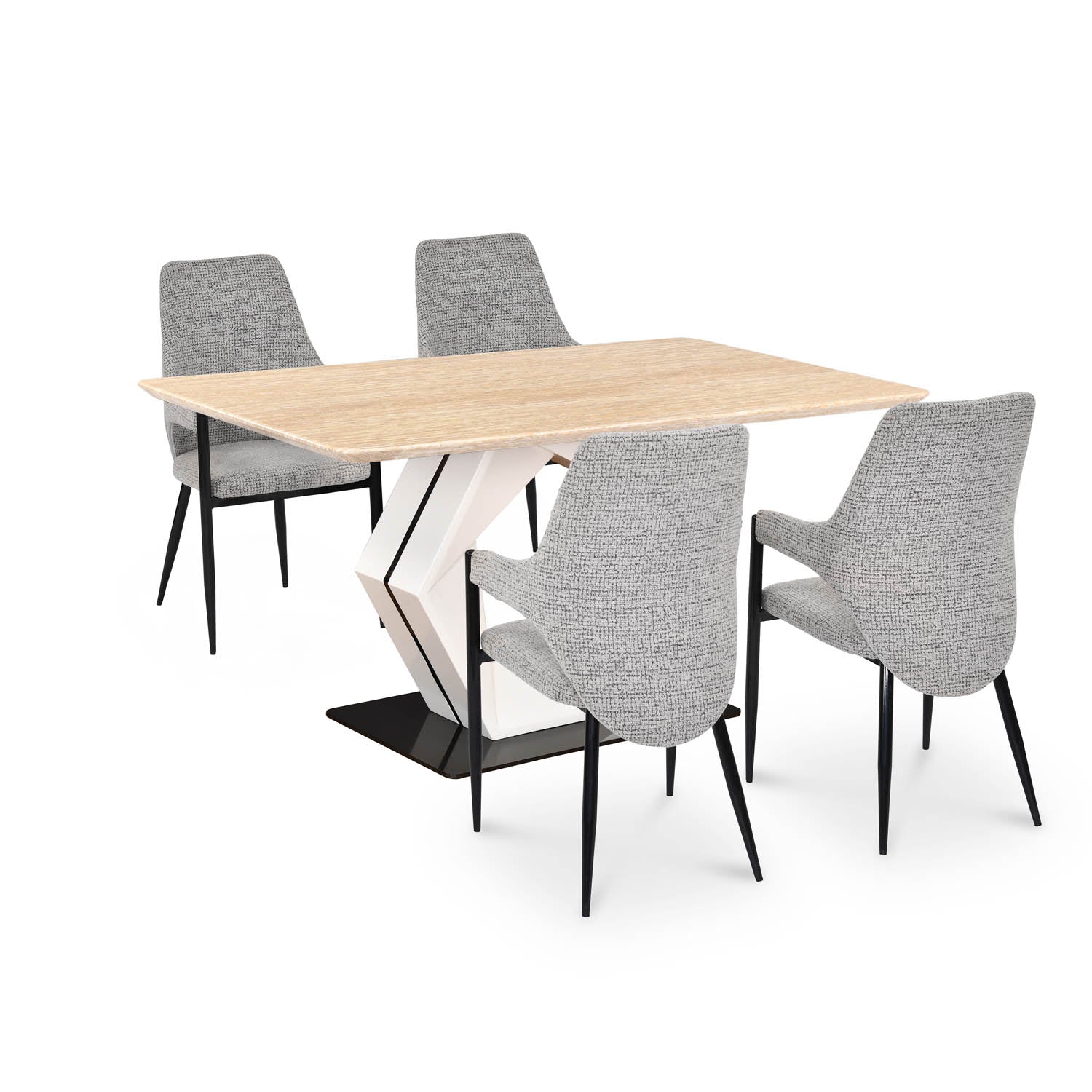4 Seater Trava Marble Dining Set with Hexin Base and Tierra Chairs- Travertine
