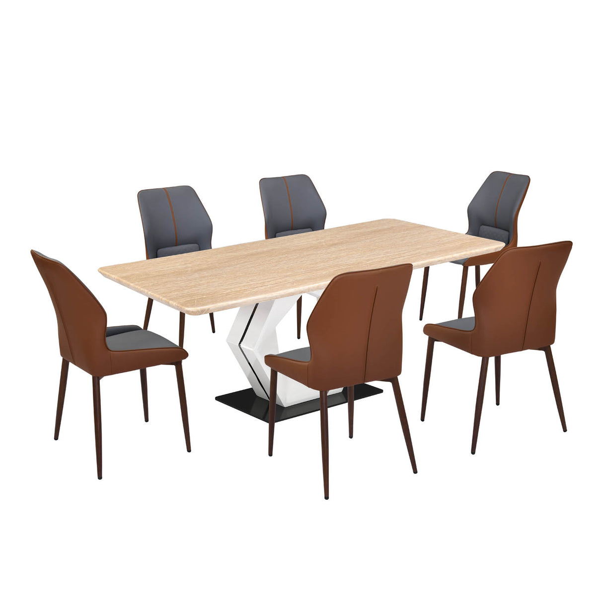 6 Seater Trava Marble Dining Set with Hexin Base and Ellipse Chairs- Travertine