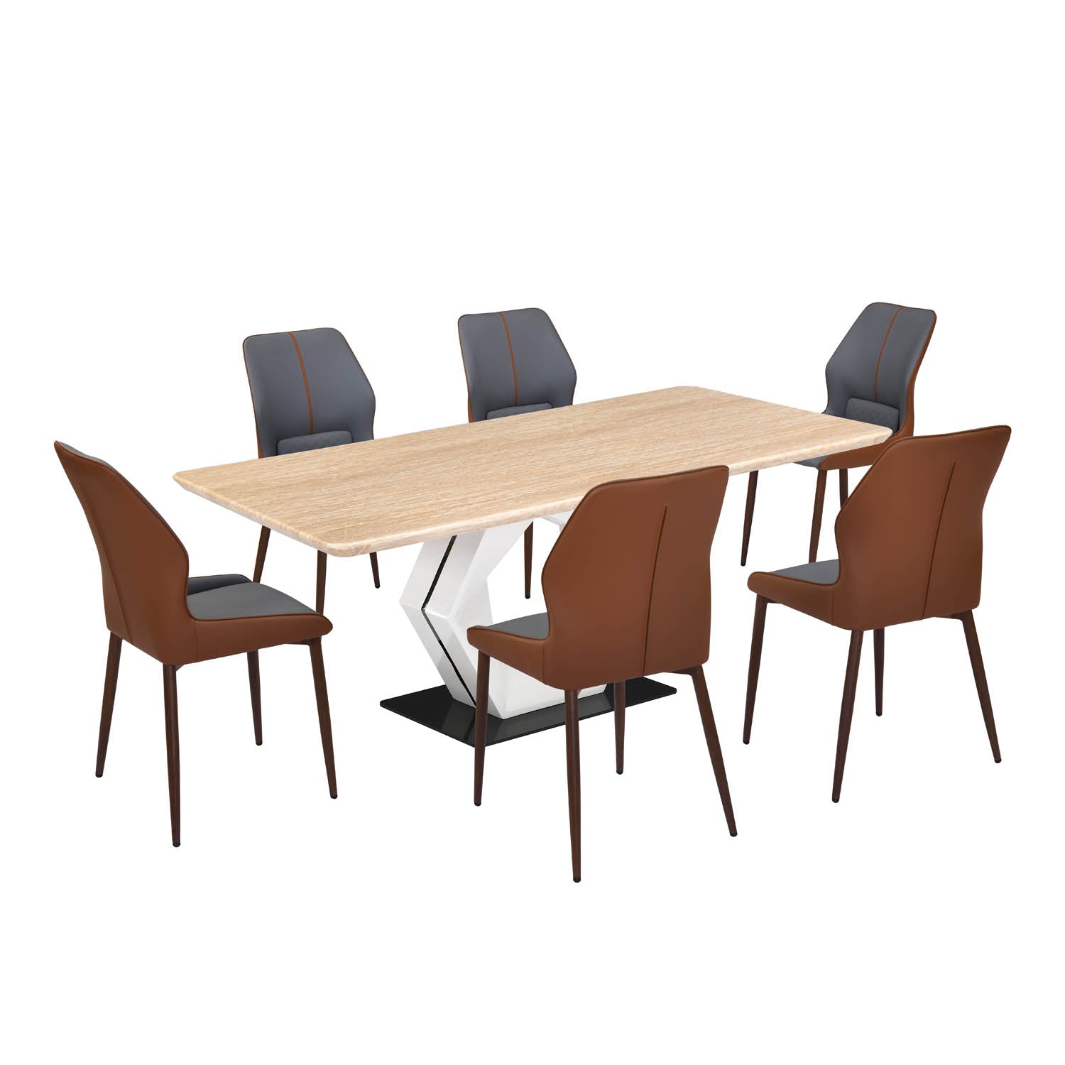 6 Seater Trava Marble Dining Set with Hexin Base and Ellipse Chairs- Travertine