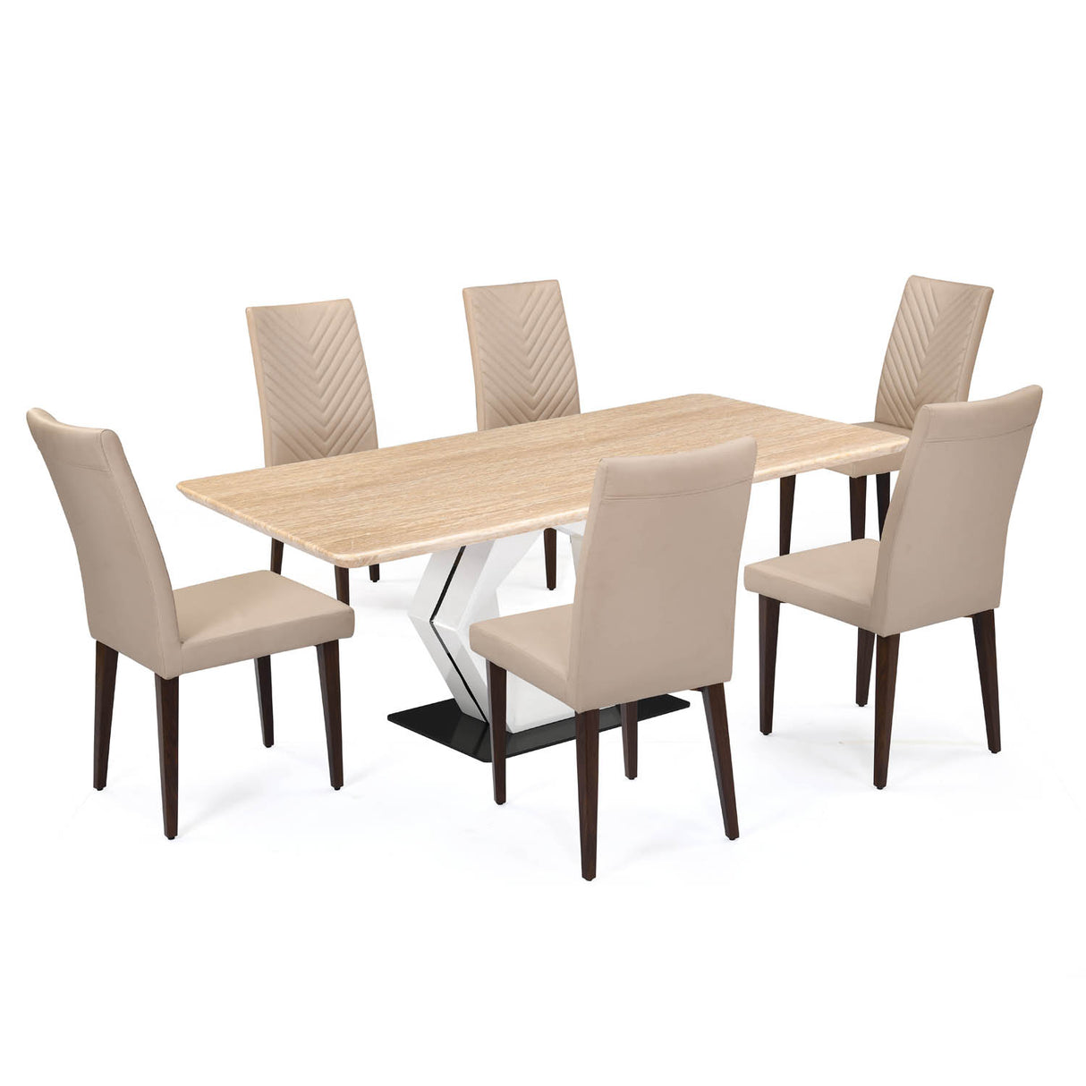 6 Seater Trava Marble Dining Set with Hexin Base and Linzy Chairs- Travertine