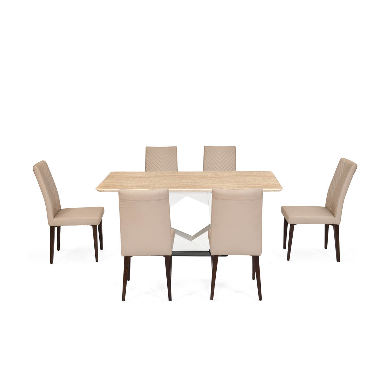 6 Seater Trava Marble Dining Set with Hexin Base and Linzy Chairs- Travertine