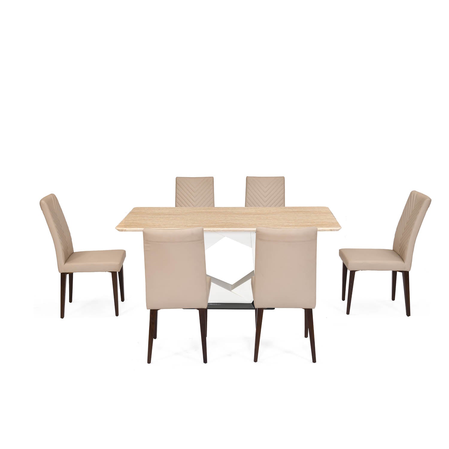 6 Seater Trava Marble Dining Set with Hexin Base and Linzy Chairs- Travertine