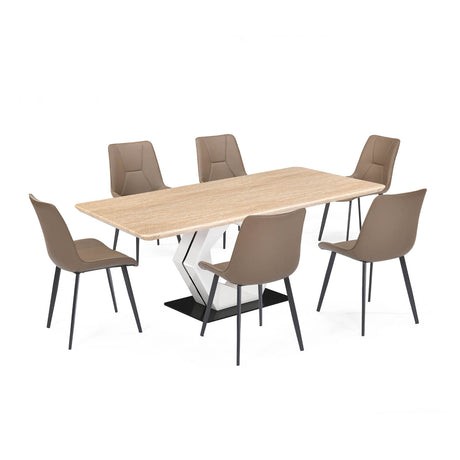 6 Seater Trava Marble Dining Set with Hexin Base and Nivo Chairs- Travertine