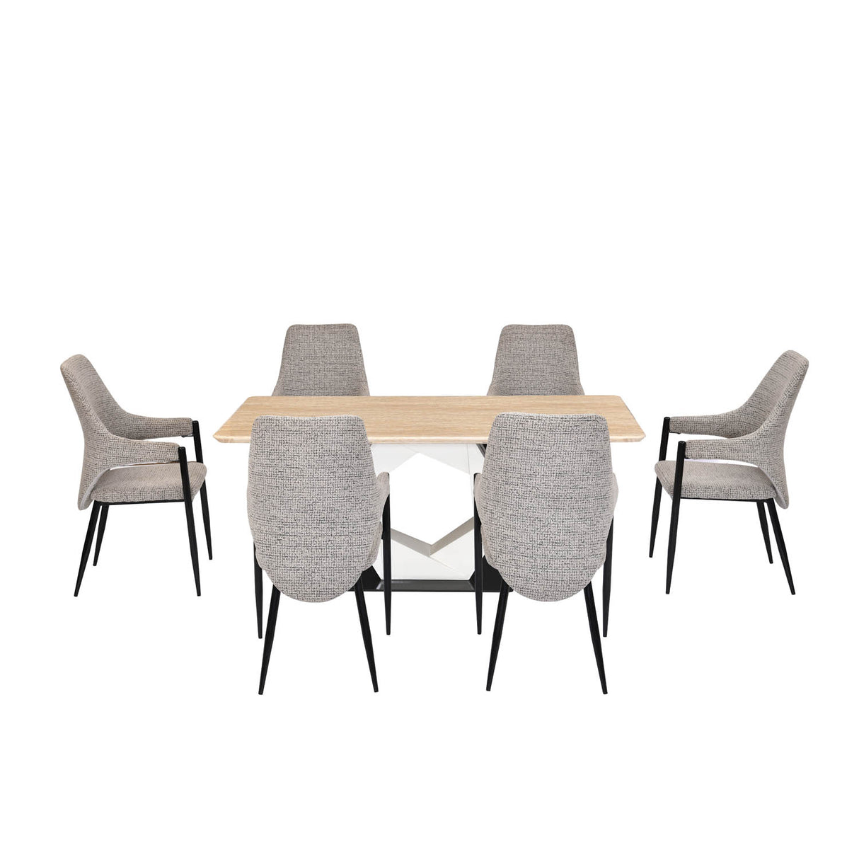 6 Seater Trava Marble Dining Set with Hexin Base and Tierra Chairs- Travertine