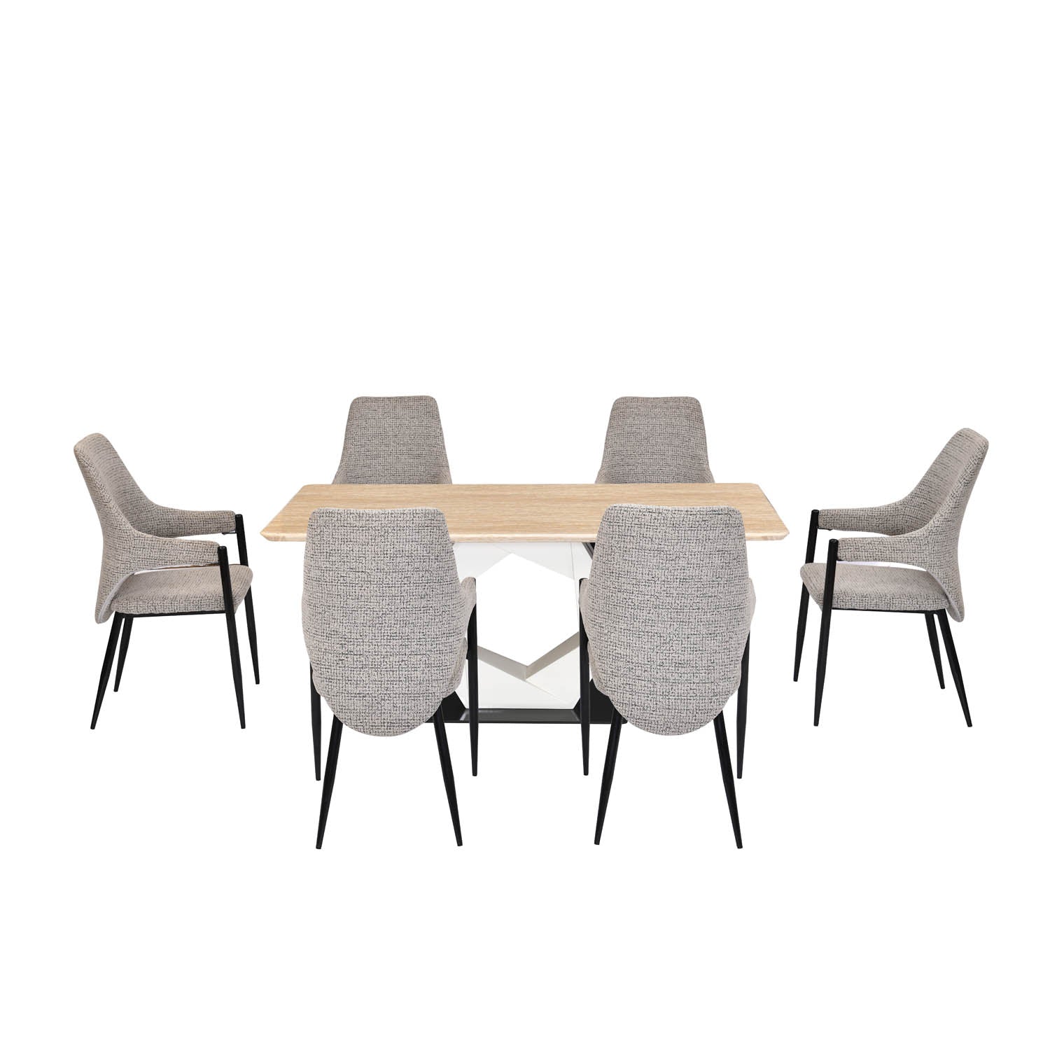6 Seater Trava Marble Dining Set with Hexin Base and Tierra Chairs- Travertine