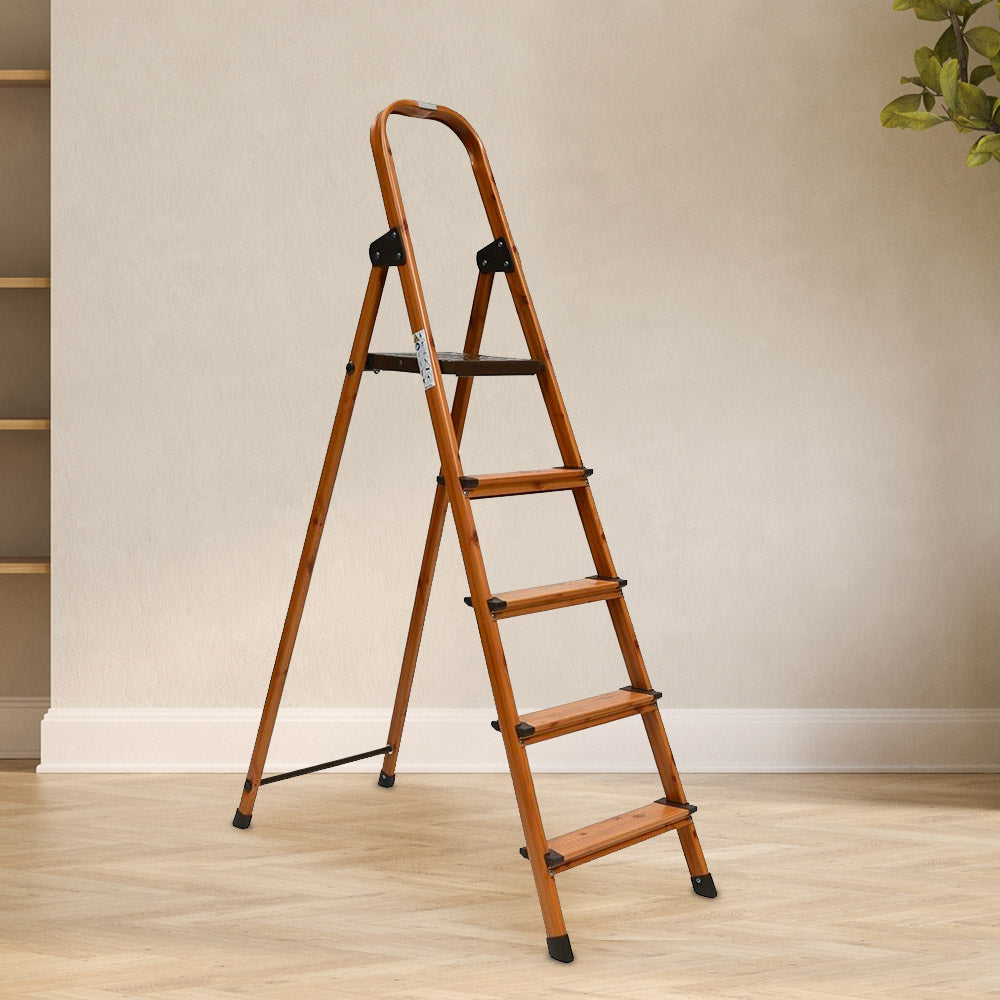 Nilkamal 5 Steps Wooden Finished Foldable Aluminium Ladder (Brown)