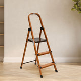 Nilkamal 3 Steps Wooden Finished Foldable Aluminium Ladder (Brown)