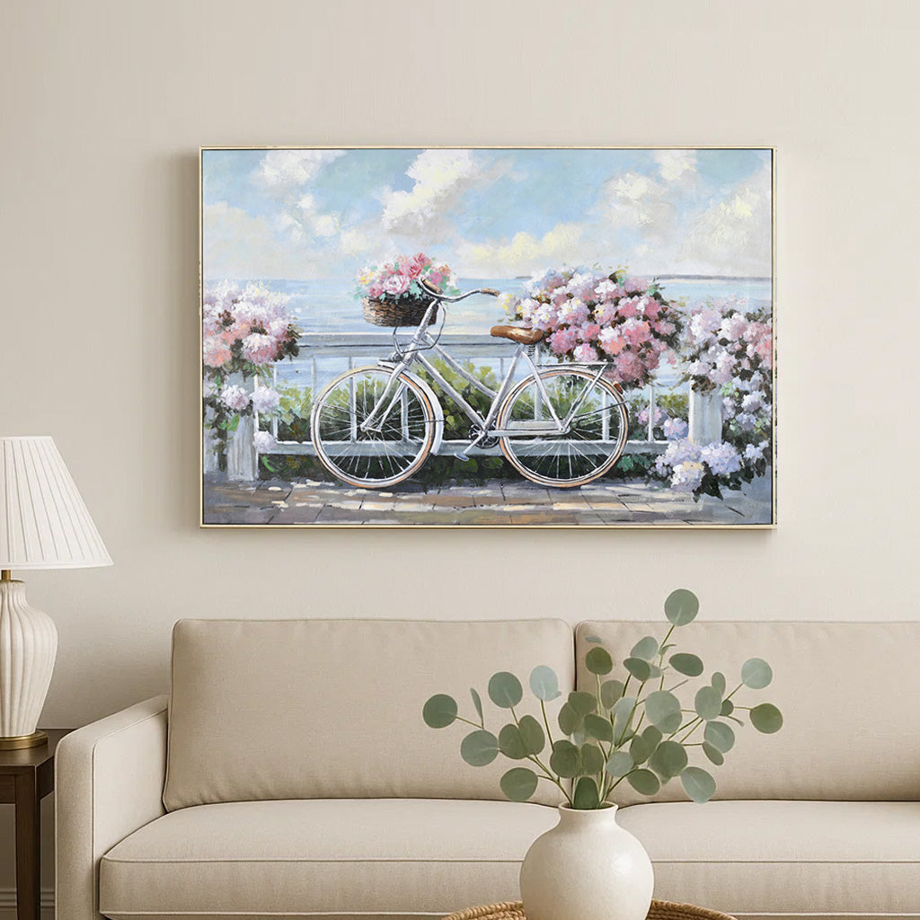 Flowers and Bicycle Canvas Wall Painting (Multicolor)