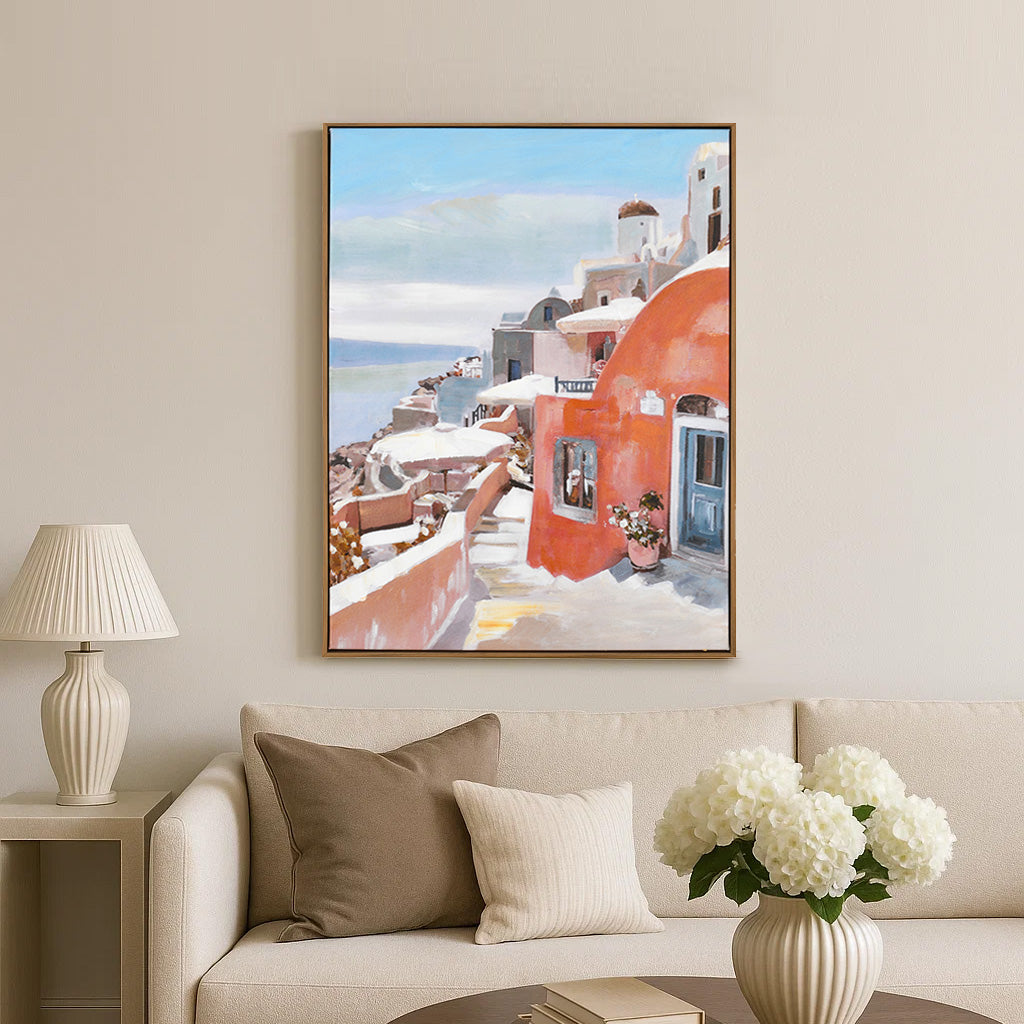 Santorini Street Canvas Wall Painting (Blue & Orange)