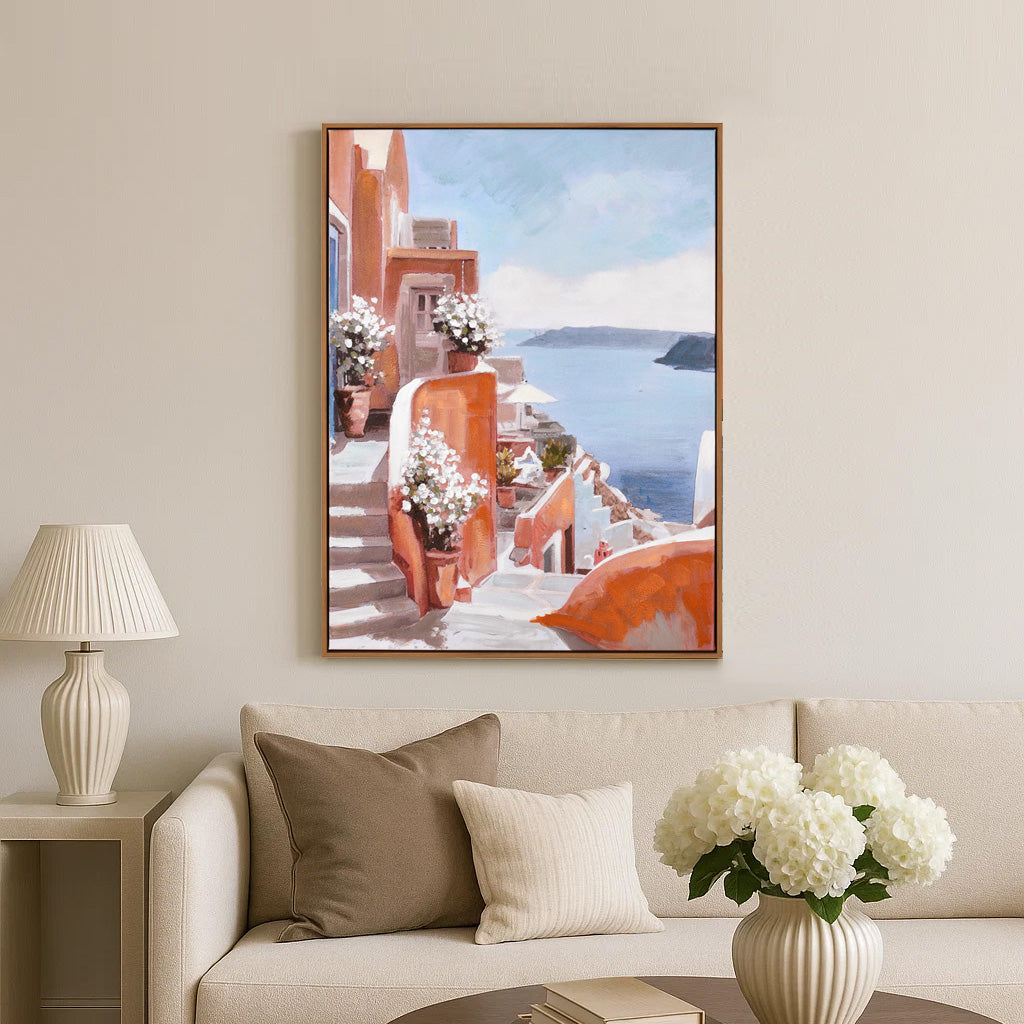 Santorini Street Canvas Wall Painting (Blue & Orange)