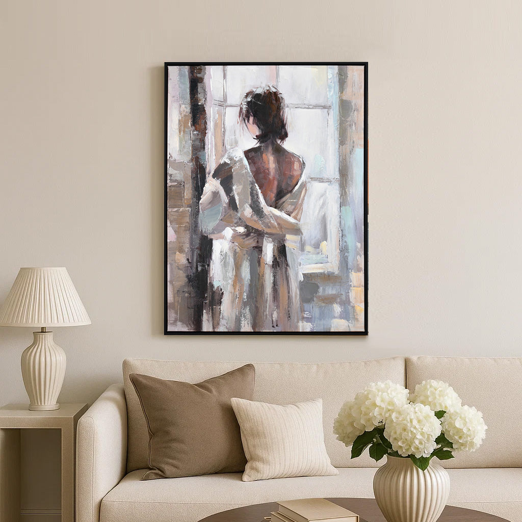 Lady by The Window Canvas Wall Painting (Black & Brown)