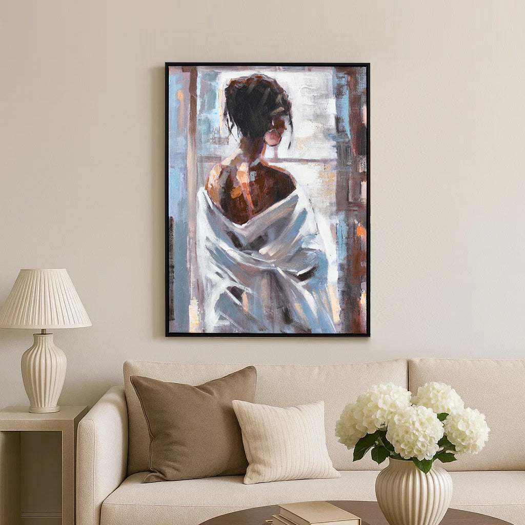 Lady by The Window Canvas Wall Painting (Black & Brown)