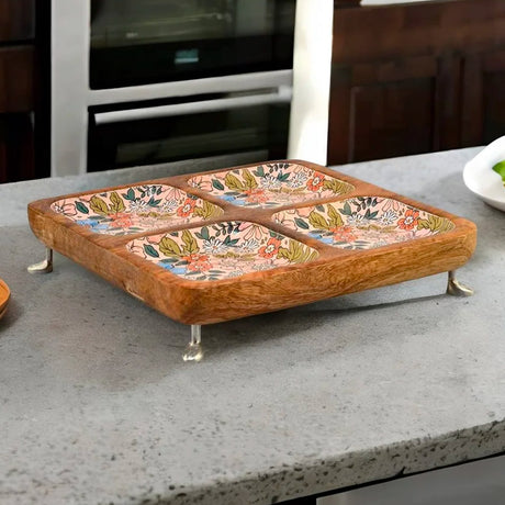 Nilkamal Four Partition Wooden Square Shape Serving Platter (Multicolor)