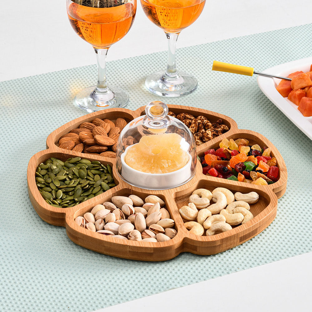 Nilkamal Bamboo Snacks Serving Platter with Ceramic Dip Bowl (Brown)