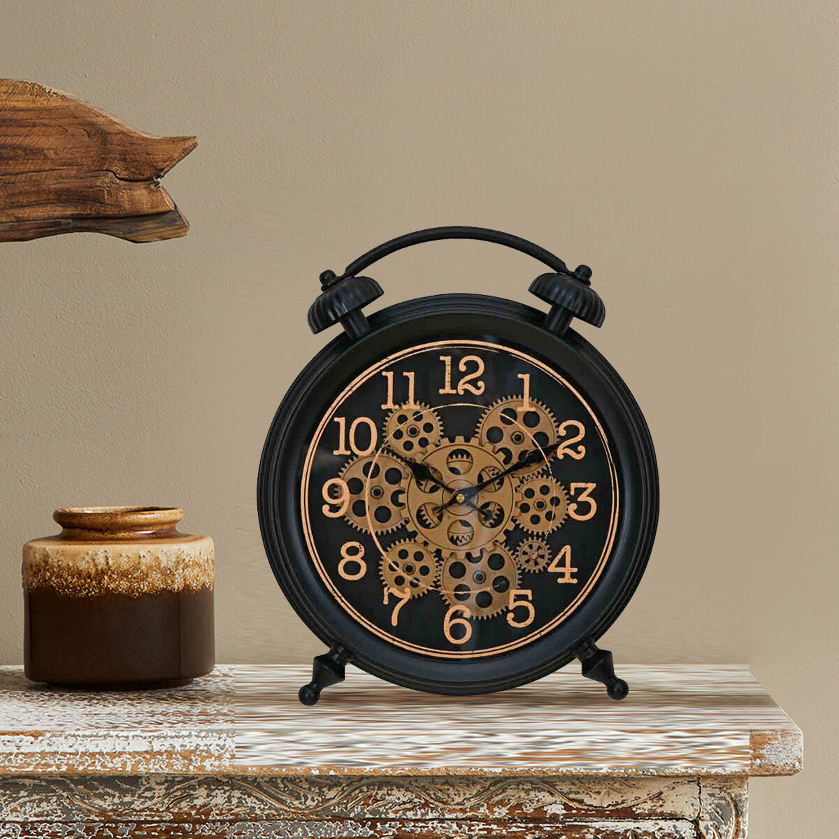【廃盤品】ACME Furniture GLENN TABLE CLOCK Buy Premium Vintage Look Gear Analog Table Clock(Black & Gold