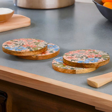 Nilkamal Round Wooden Coasters 10 Cm Set Of 4 Multicolor