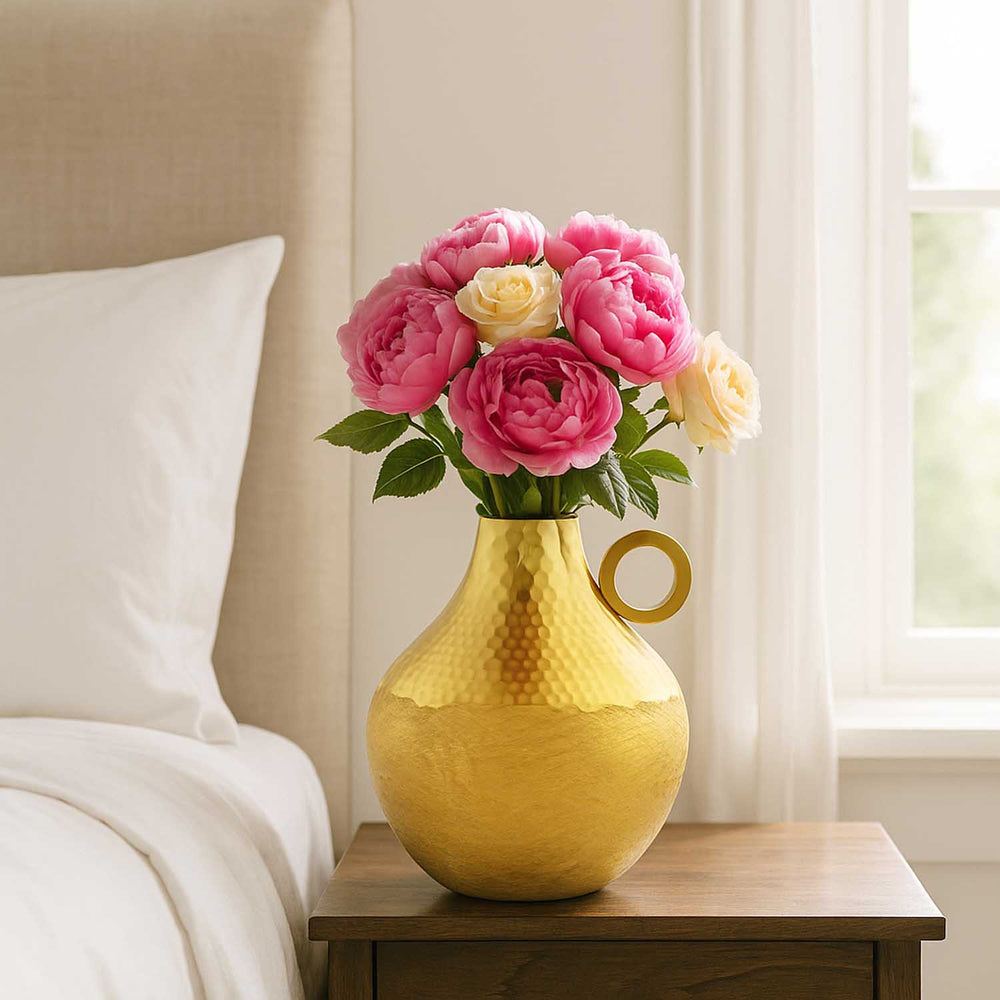 Criss Cross Textured Matki Shaped Large Metal Vase- Gold