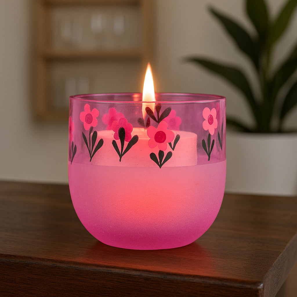 Hand-Painted Floral Glass Votive Candle Stand- Pink