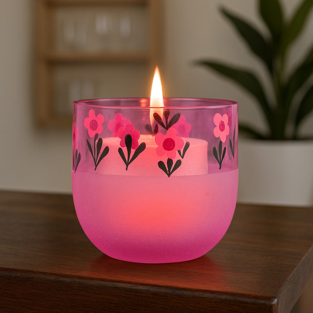 Hand-Painted Floral Glass Votive Candle Holder- Pink