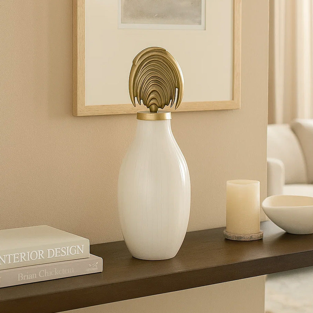 Metal Vase with Arch Lid- Cream and Gold