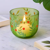 Hand-Painted Leaf Design Glass Votive Candle Stand- Green