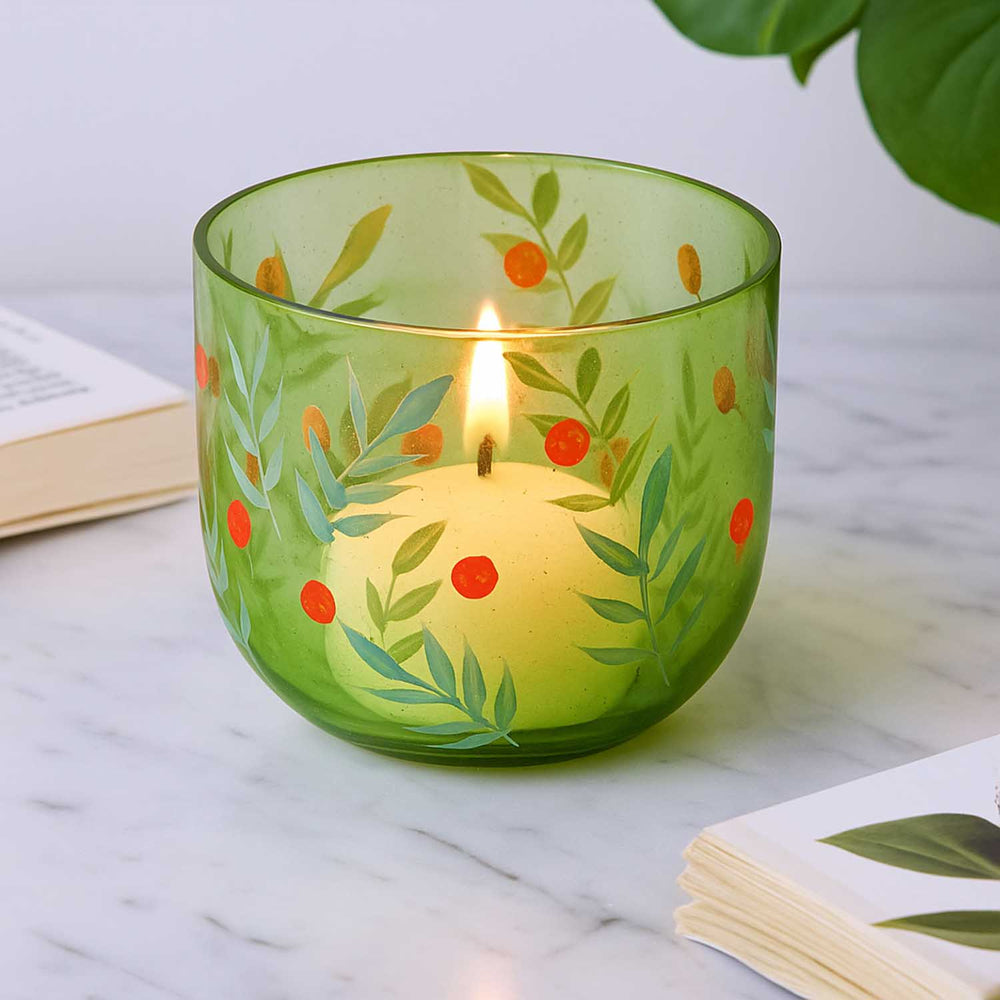 Hand-Painted Leaf Design Glass Votive Candle Holder- Green