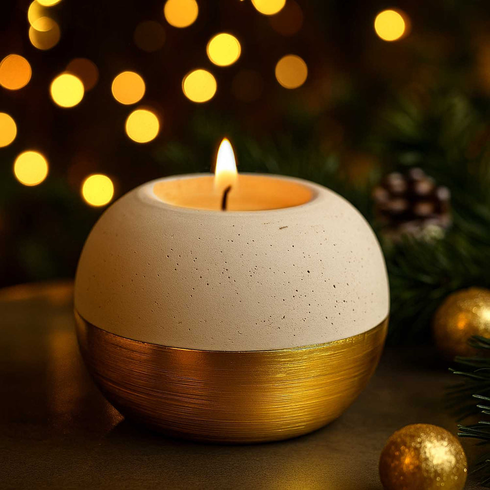 Decorative Glaze Round Ceramic Votive Candle Holder- Cream & Gold