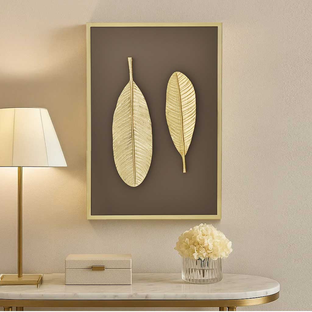 Two Leaves Metal & MDF Wall Art (Gold & Brown) on wall 2