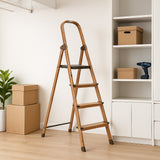 4 Steps Wooden Finished Foldable Aluminum Ladder- Brown