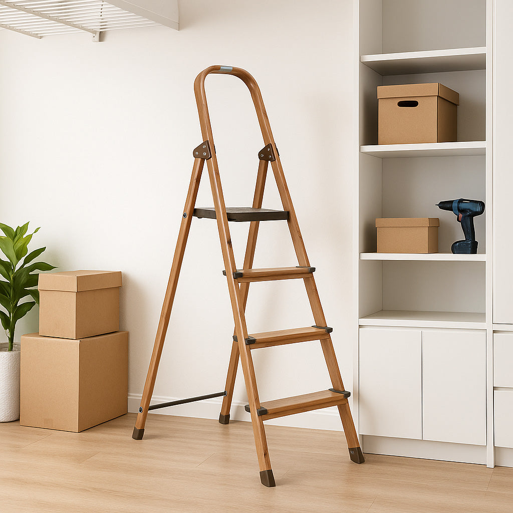 4 Steps Wooden Finished Foldable Aluminum Ladder- Brown