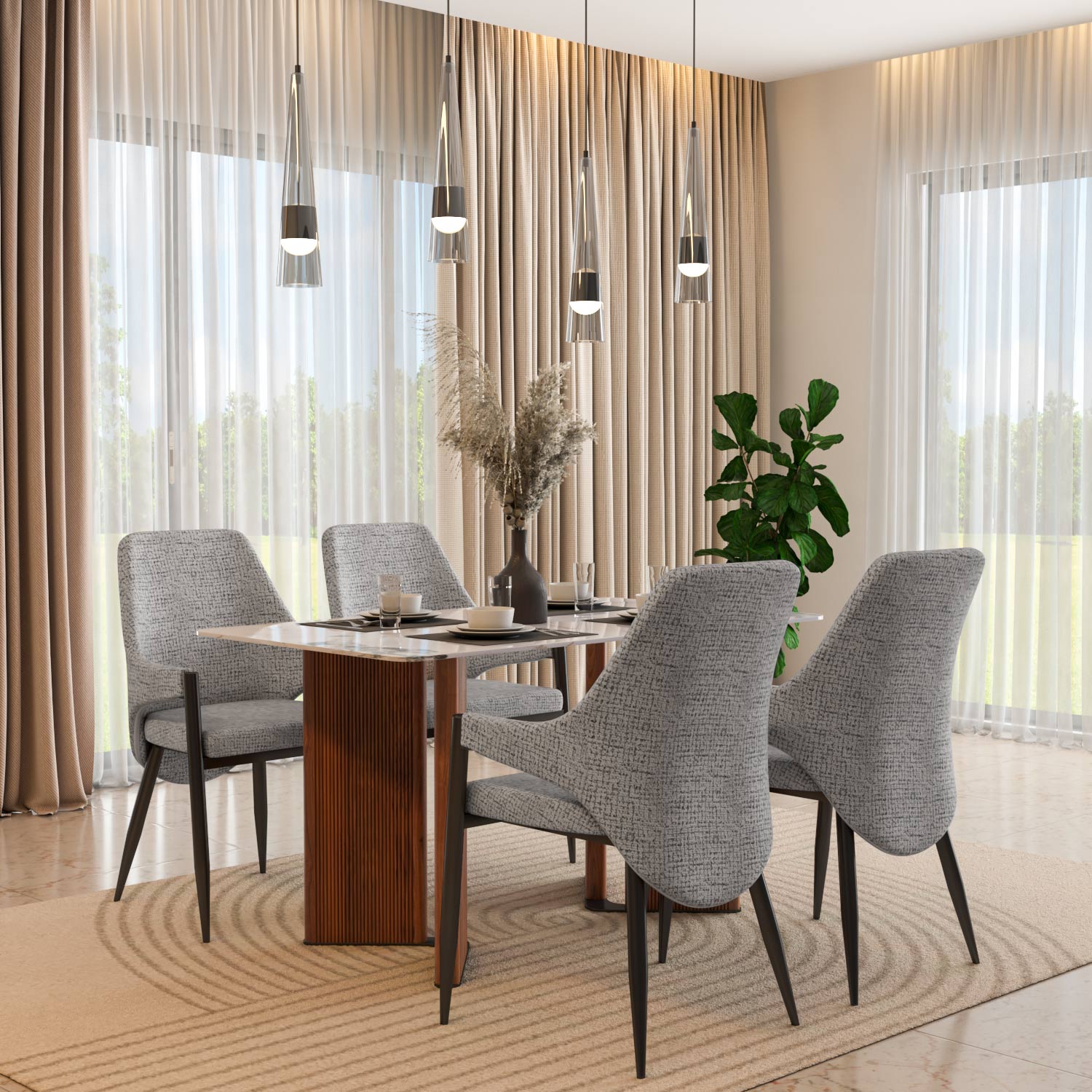 4 Seater Alune Ceramic Dining Set with Dexor Base and Tierra Chairs- Ash White