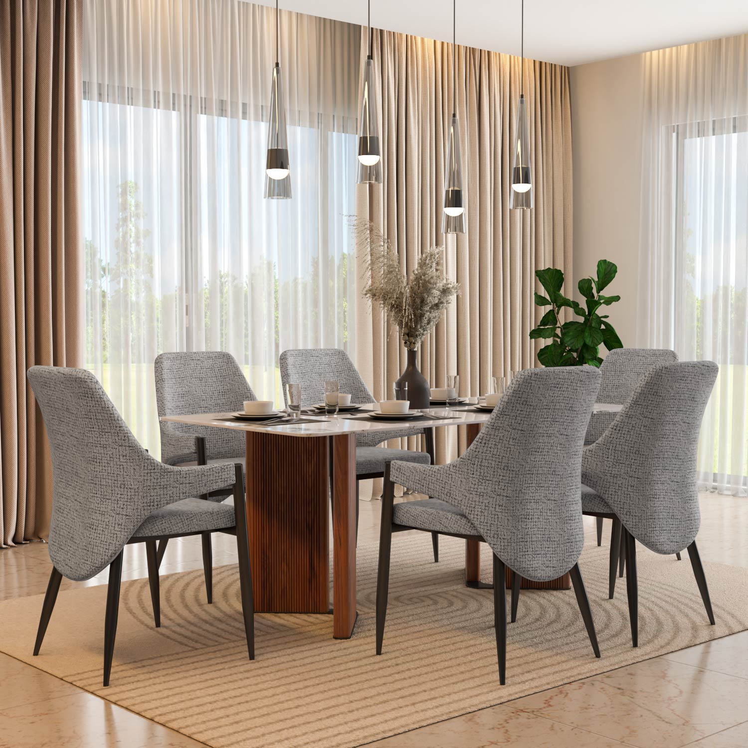 6 Seater Alune Ceramic Dining Set with Dexor Base and Tierra Chairs- Ash White