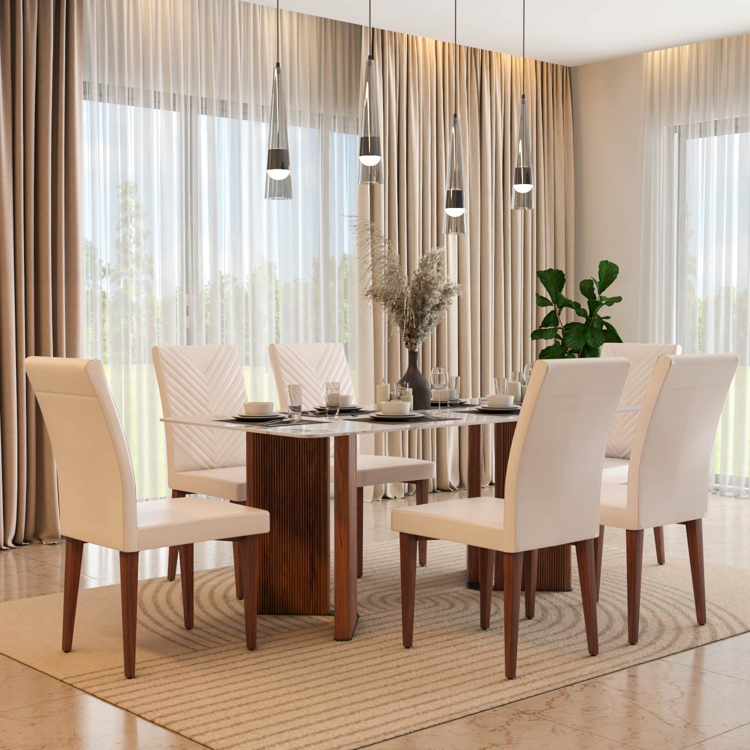 6 Seater Alune Ceramic Dining Set with Dexor Base and Linzy Chairs- Ash White