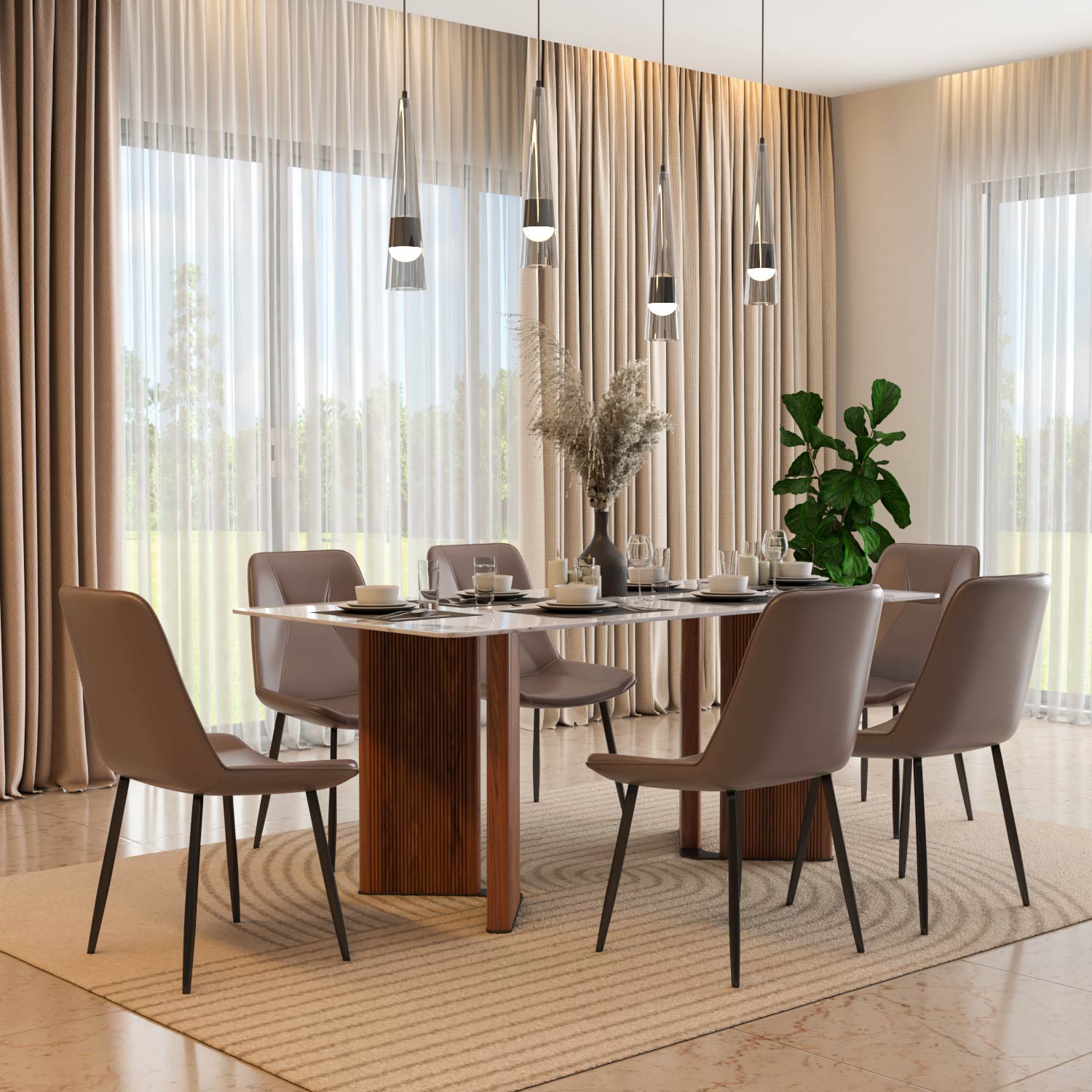 6 Seater Alune Ceramic Dining Set with Dexor Base and Nivo Chairs- Ash White