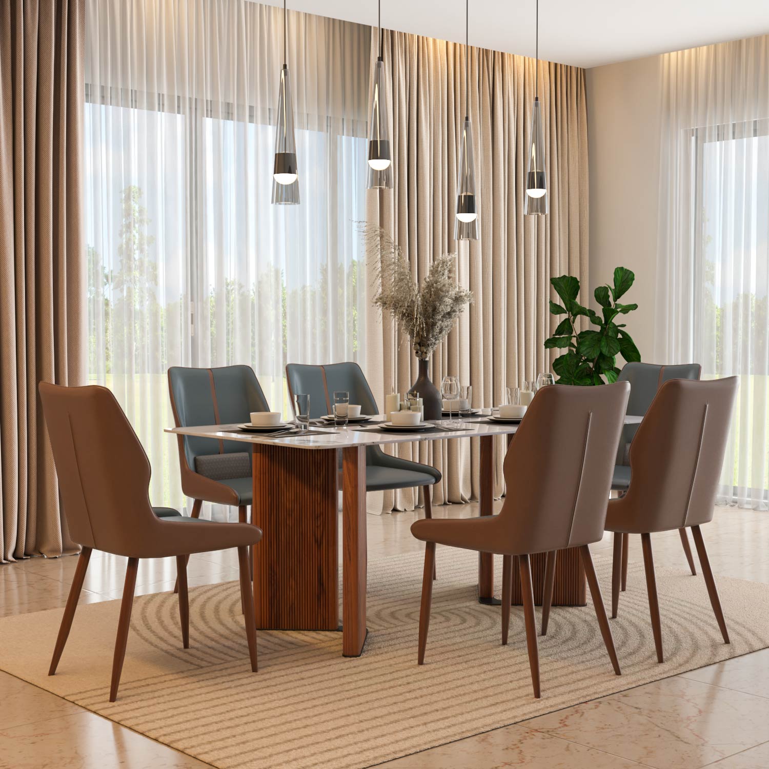 6 Seater Alune Ceramic Dining Set with Dexor Base and Ellipse Chairs- Ash White