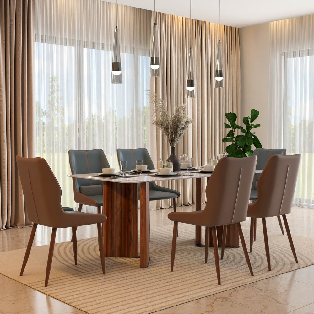 6 Seater Alune Ceramic Dining Set with Dexor Base and Ellipse Chairs- Ash White