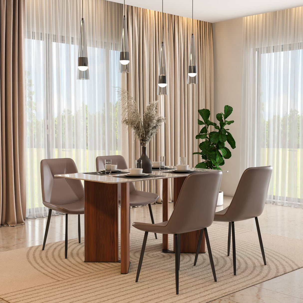 4 Seater Bevon Ceramic Dining Set with Dexor Base and Nivo Chairs- Cloud Beige