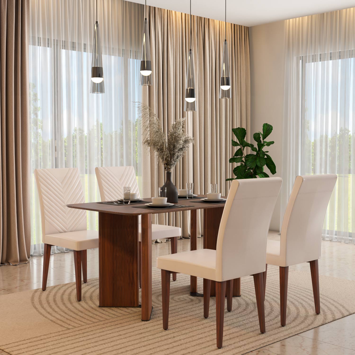 4 Seater Parquel Wooden Dining Set with Dexor Base and Linzy Chairs- Walnut Brown